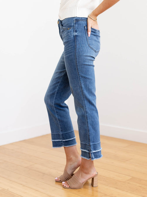 frayed cropped double hem denim