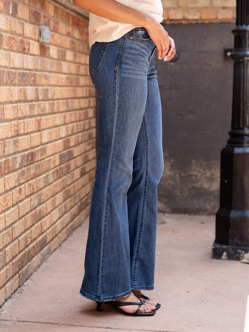 flared dark wash denim