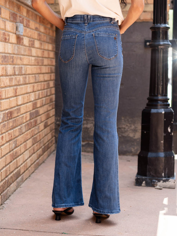 flared dark wash denim