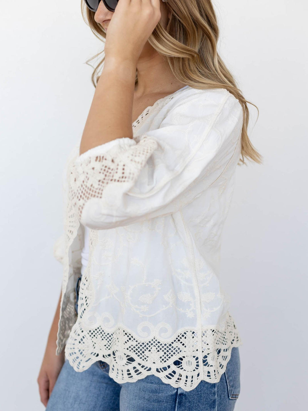 crochet trim open front blouse