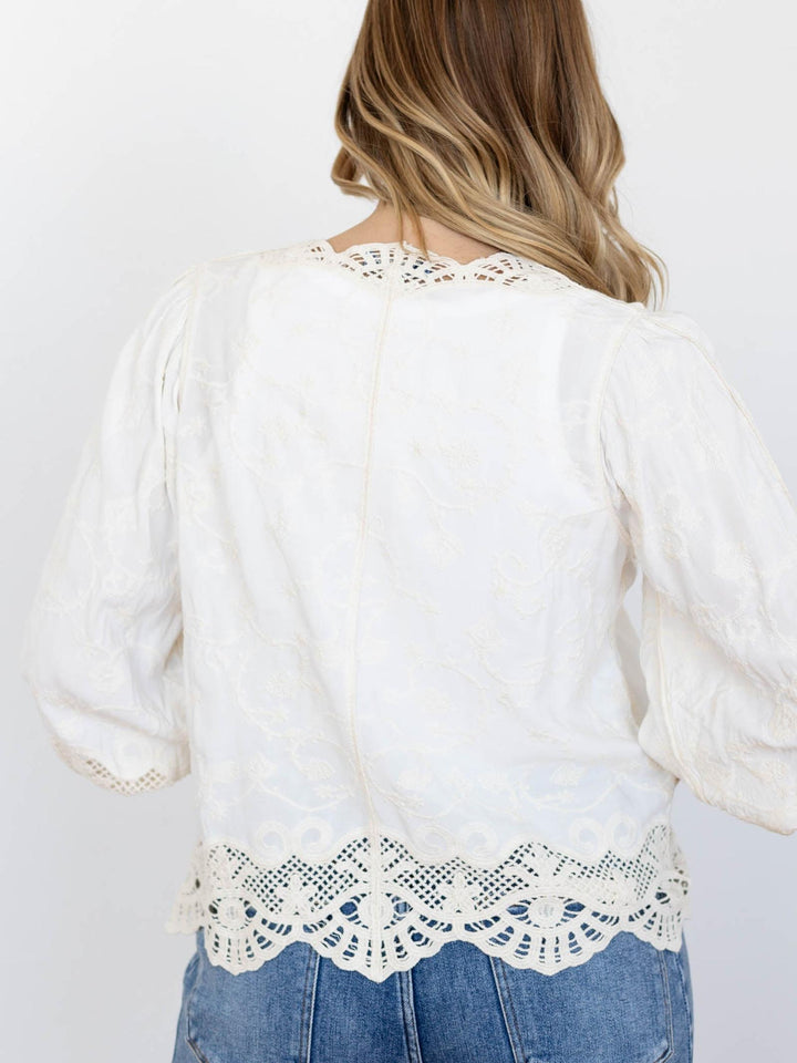 crochet trim open front blouse