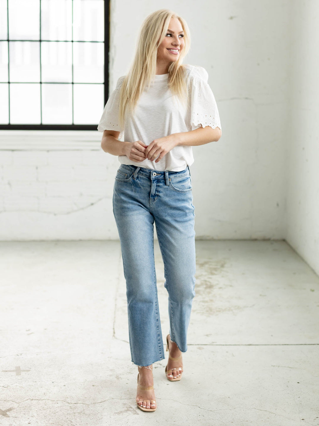 white eyelet short sleeve top