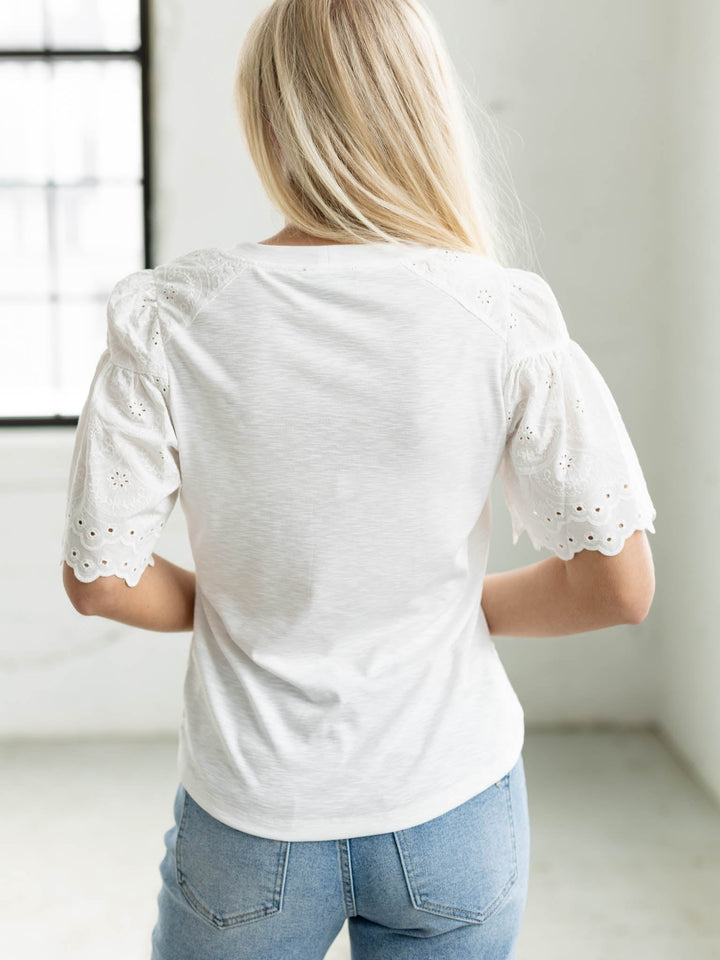 white eyelet short sleeve top