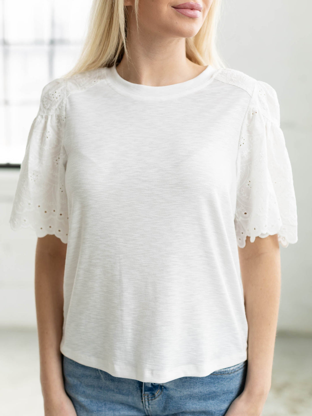 white eyelet short sleeve top