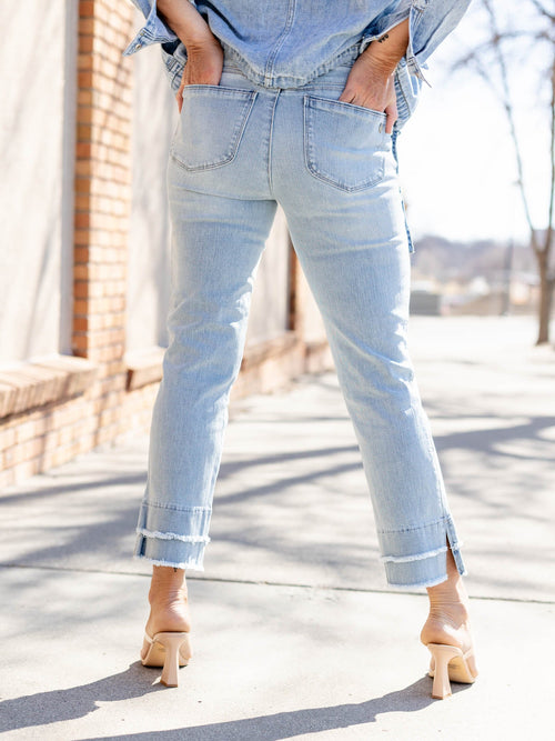light wash double frayed cropped denim