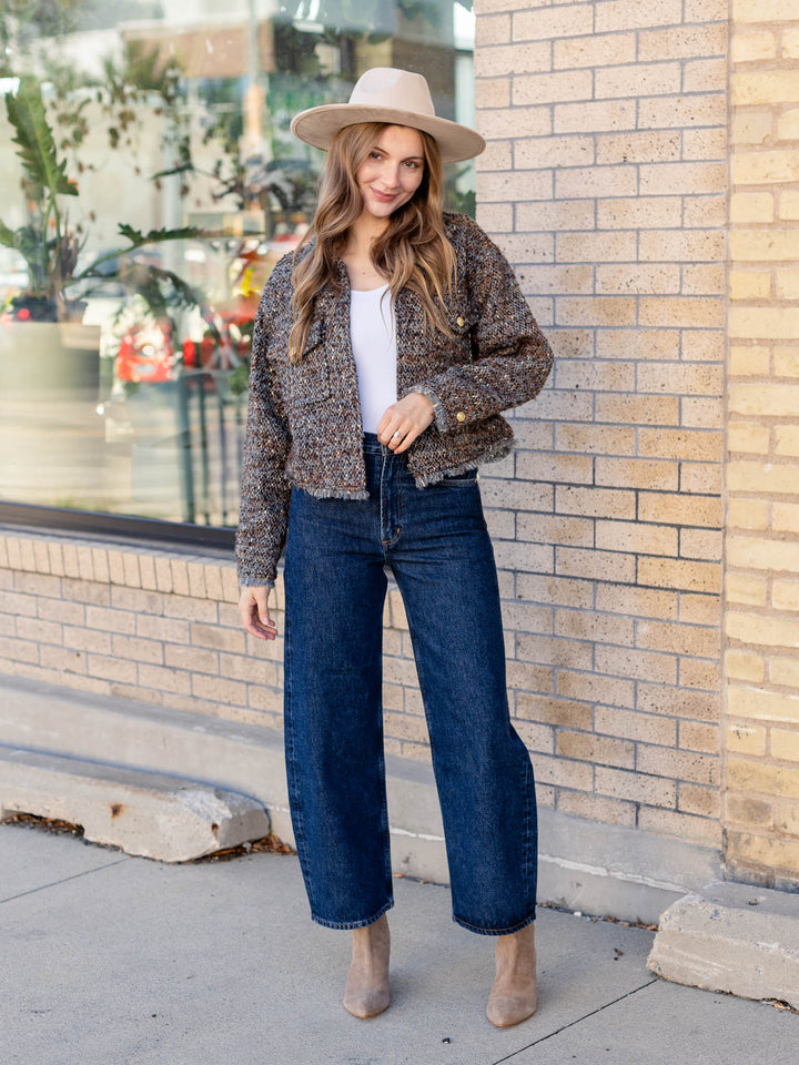 tweed frayed hem cropped jacket