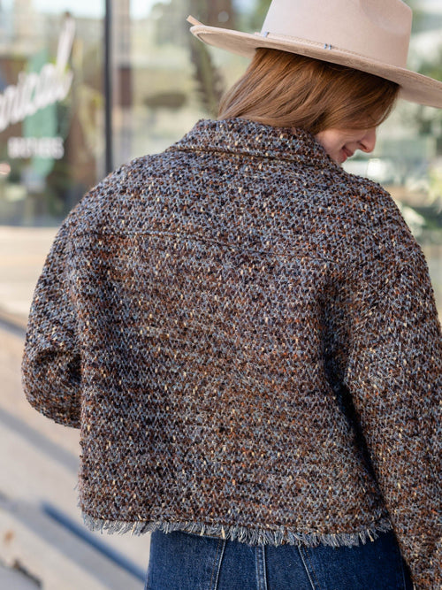tweed frayed hem cropped jacket