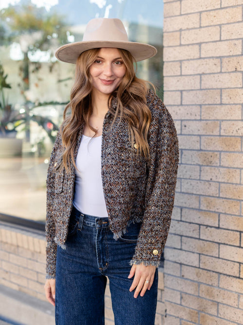 tweed frayed hem cropped jacket