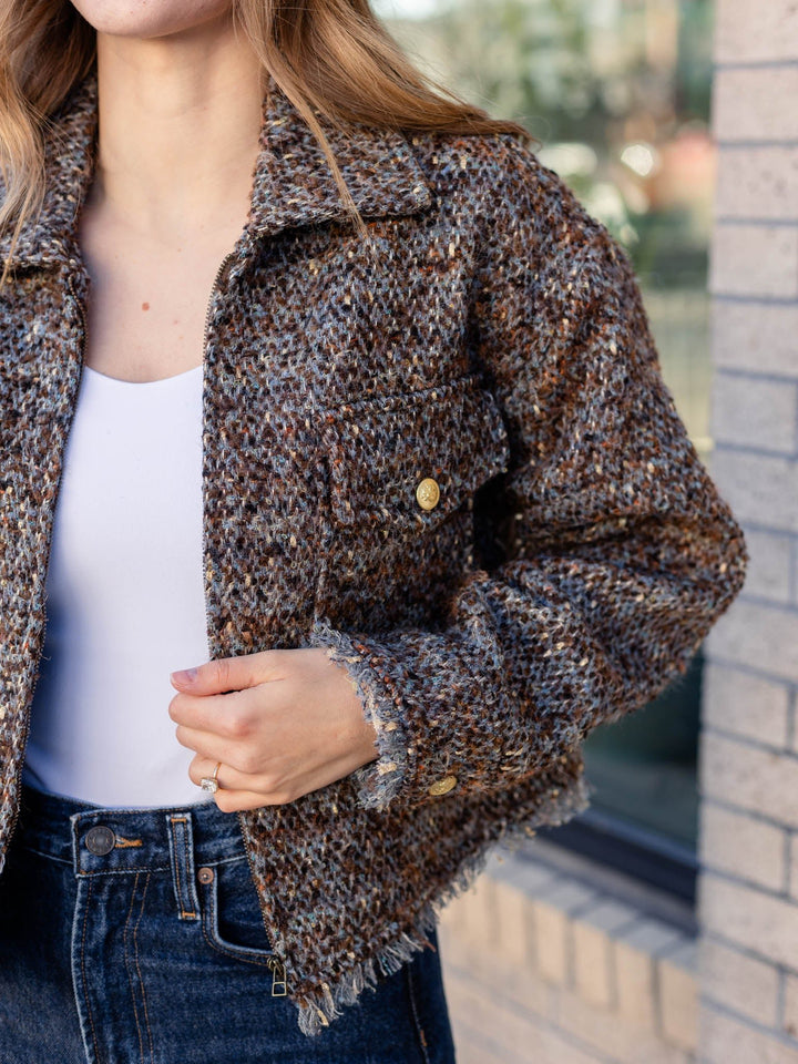 tweed frayed hem cropped jacket