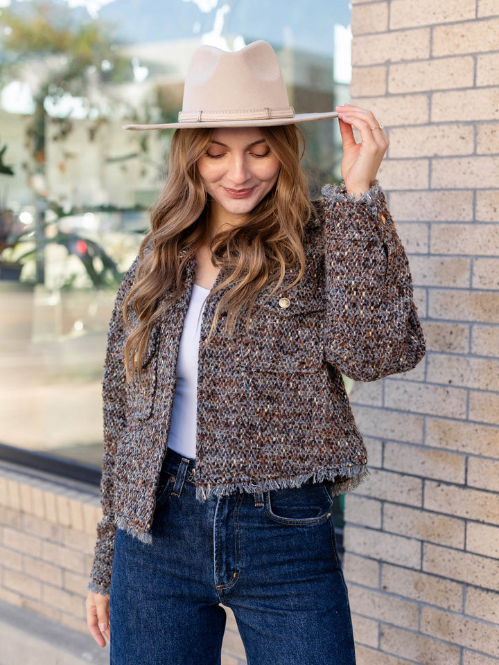 tweed frayed hem cropped jacket