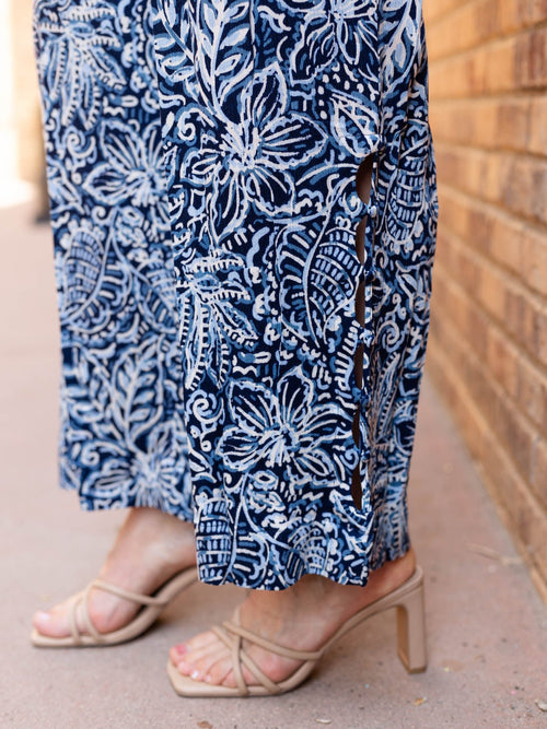 paisley and floral printed soft flowy blue pants