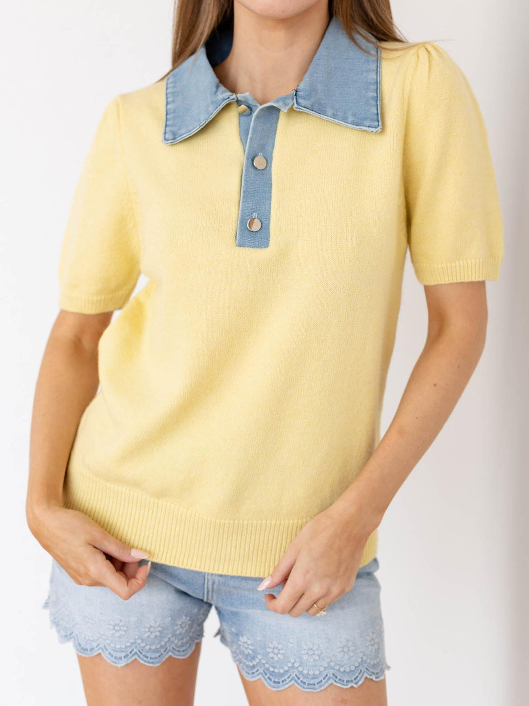 sweater and denim collared polo top
