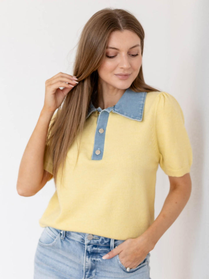 sweater and denim collared polo top