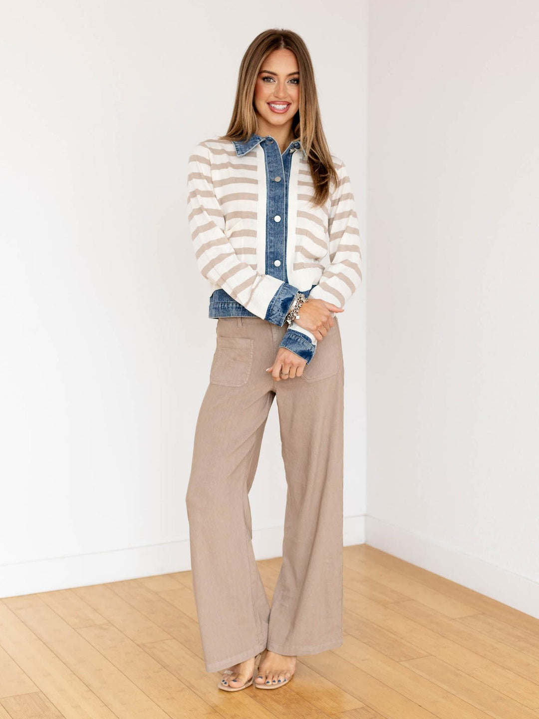stripe button up denim mixed cardigan