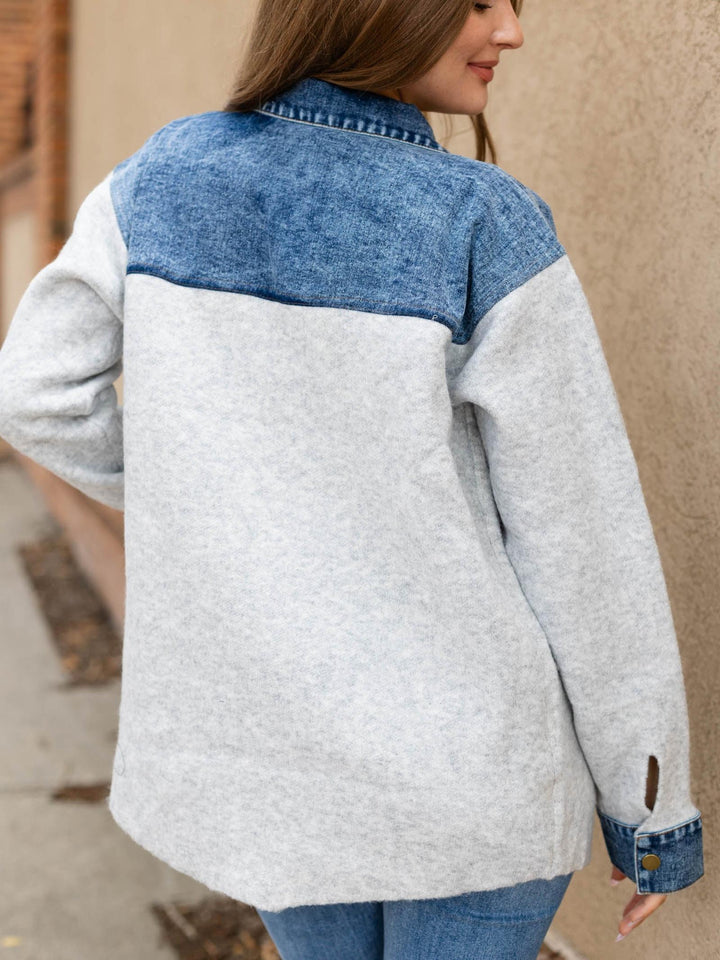 Denim Mixed Snap Button Down Sweater Shacket