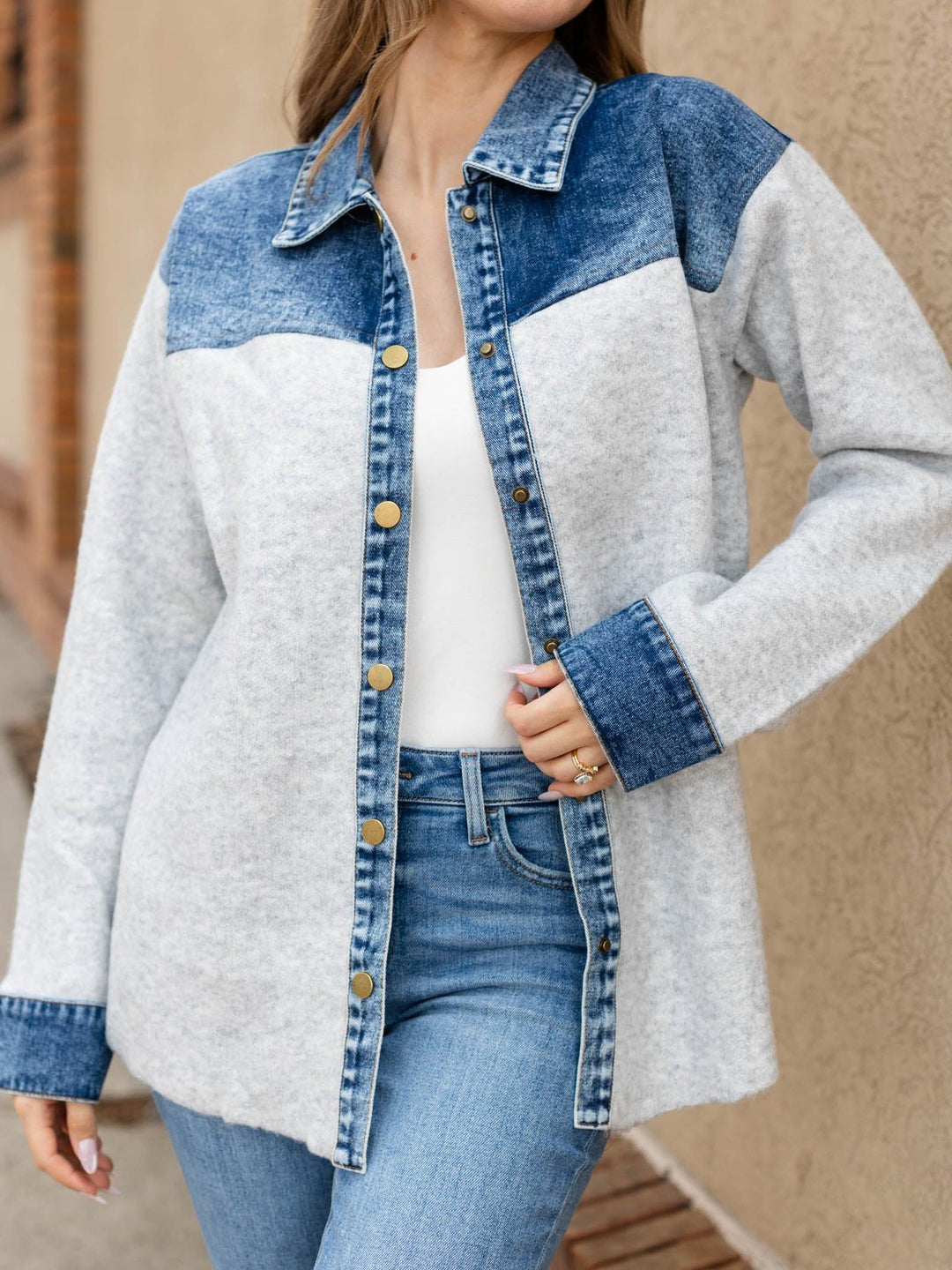 Denim Mixed Snap Button Down Sweater Shacket