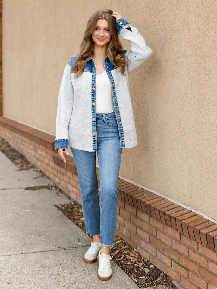 Denim Mixed Snap Button Down Sweater Shacket