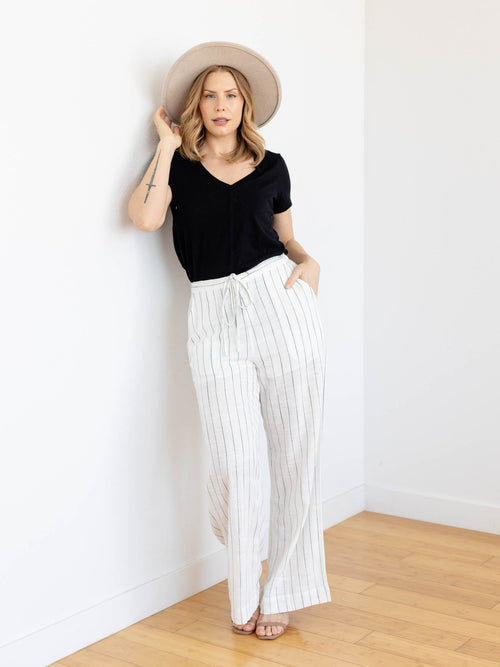 linen cream and stripe wide leg pants