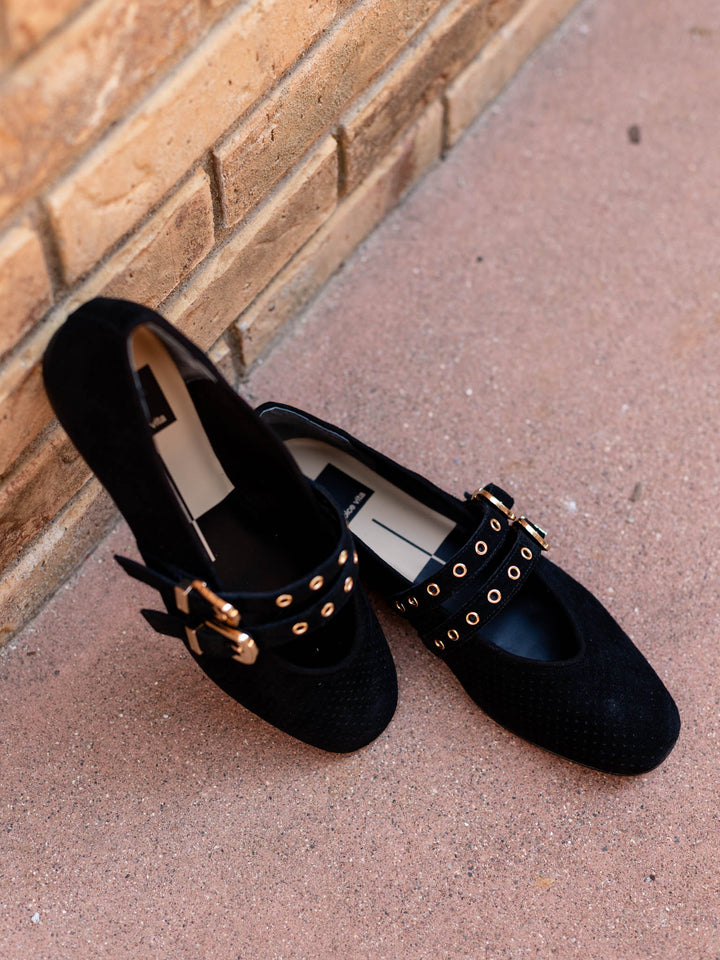 black perforated suede flat