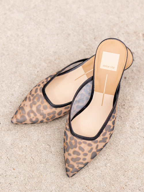 leopard mesh kitten heel mule