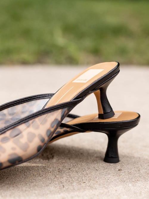 leopard mesh kitten heel mule