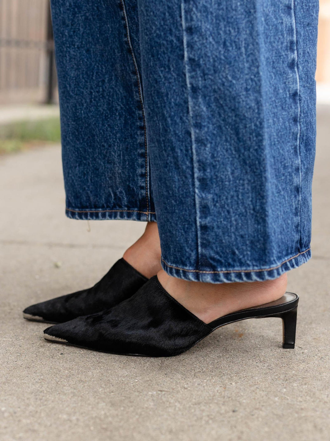 black hair slip on mule