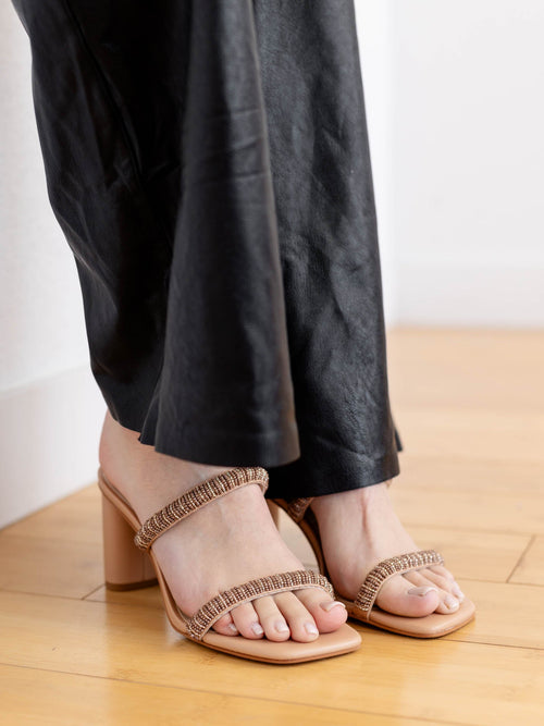 brown beaded double strap heels