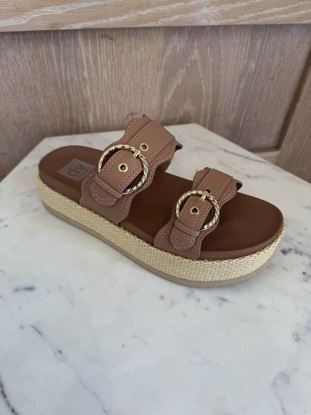 brown two strap buckle sandal