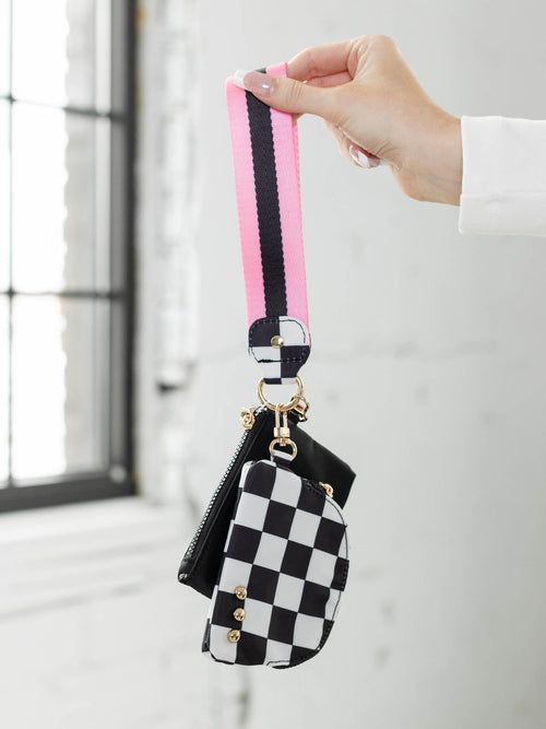 black and checkered two bag wristlet