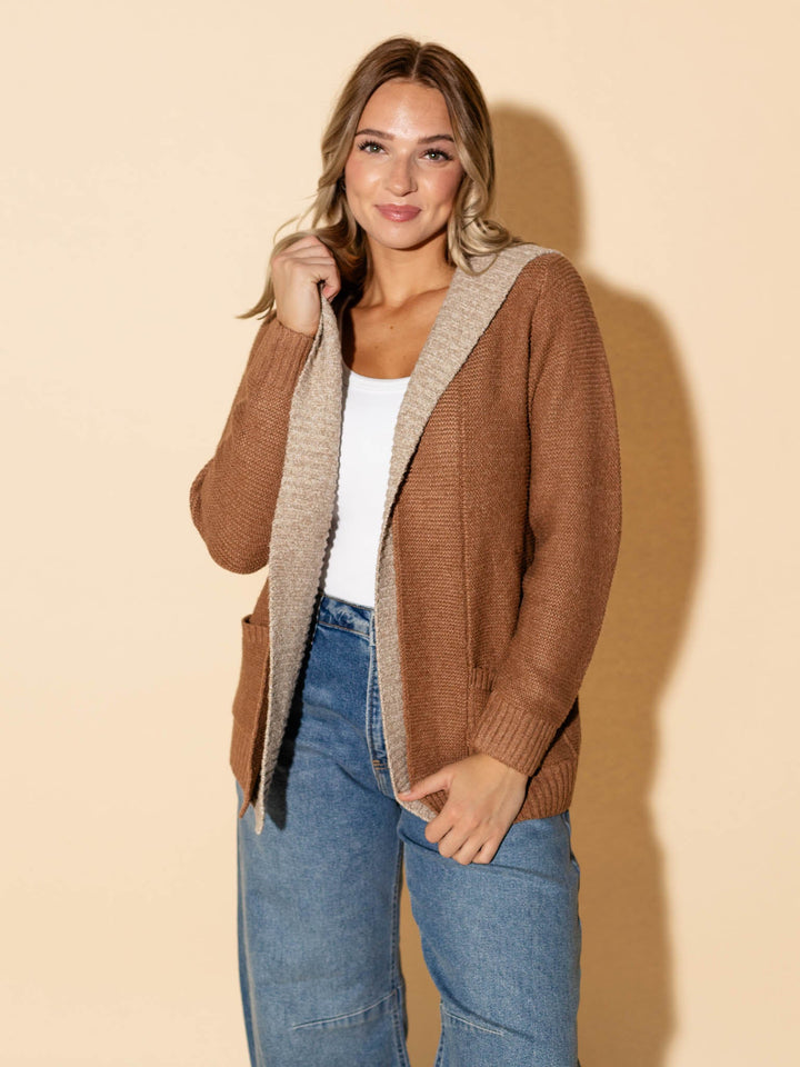 layered hooded open front cardigan