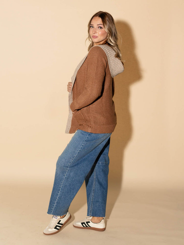 layered hooded open front cardigan