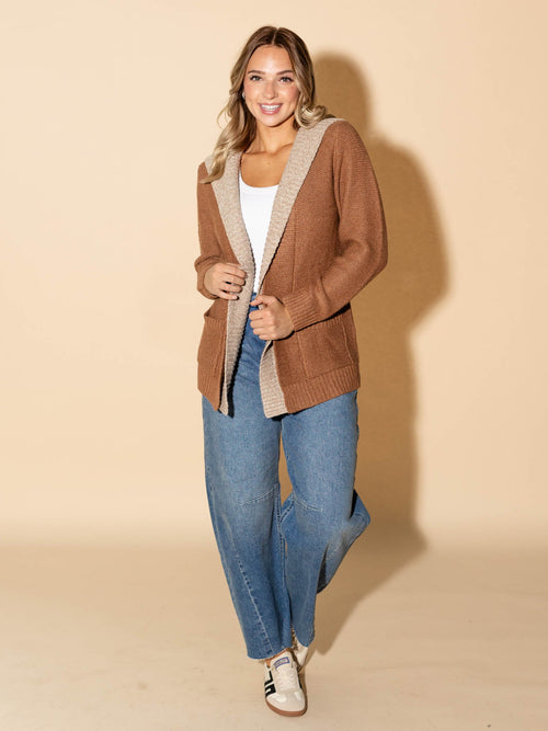 layered hooded open front cardigan