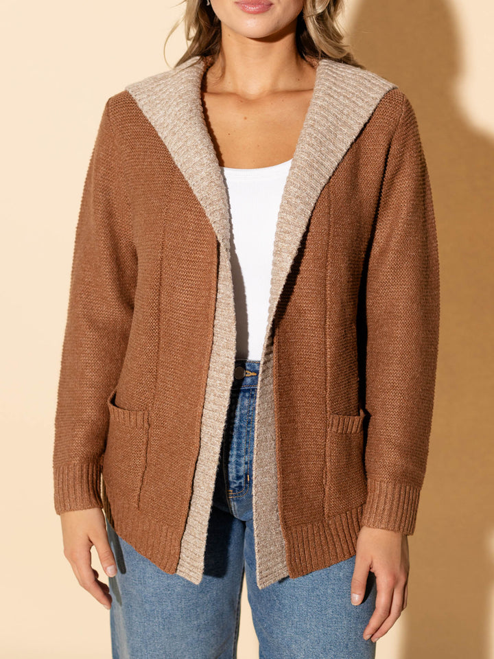 layered hooded open front cardigan