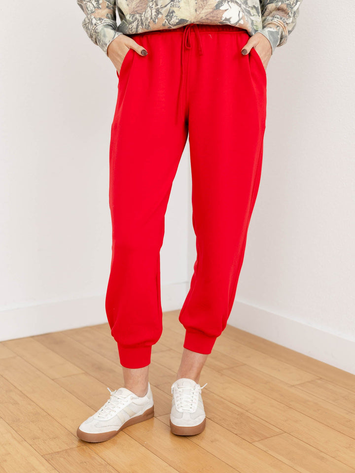bright red jogger pants