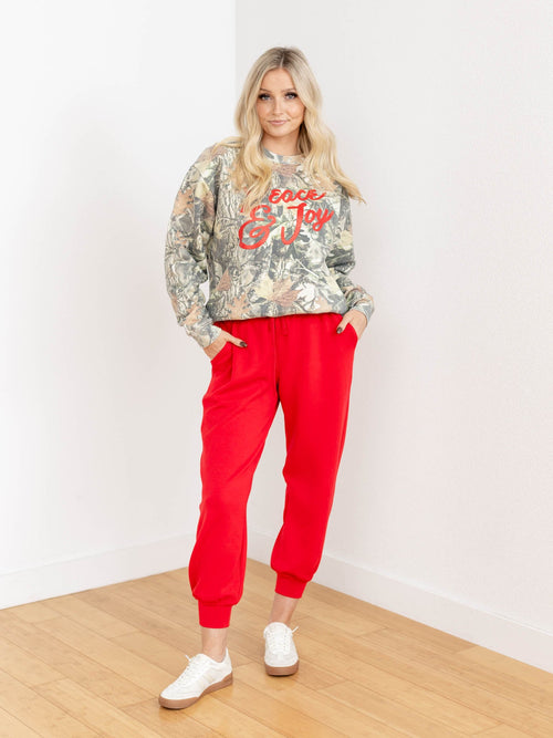 bright red jogger pants