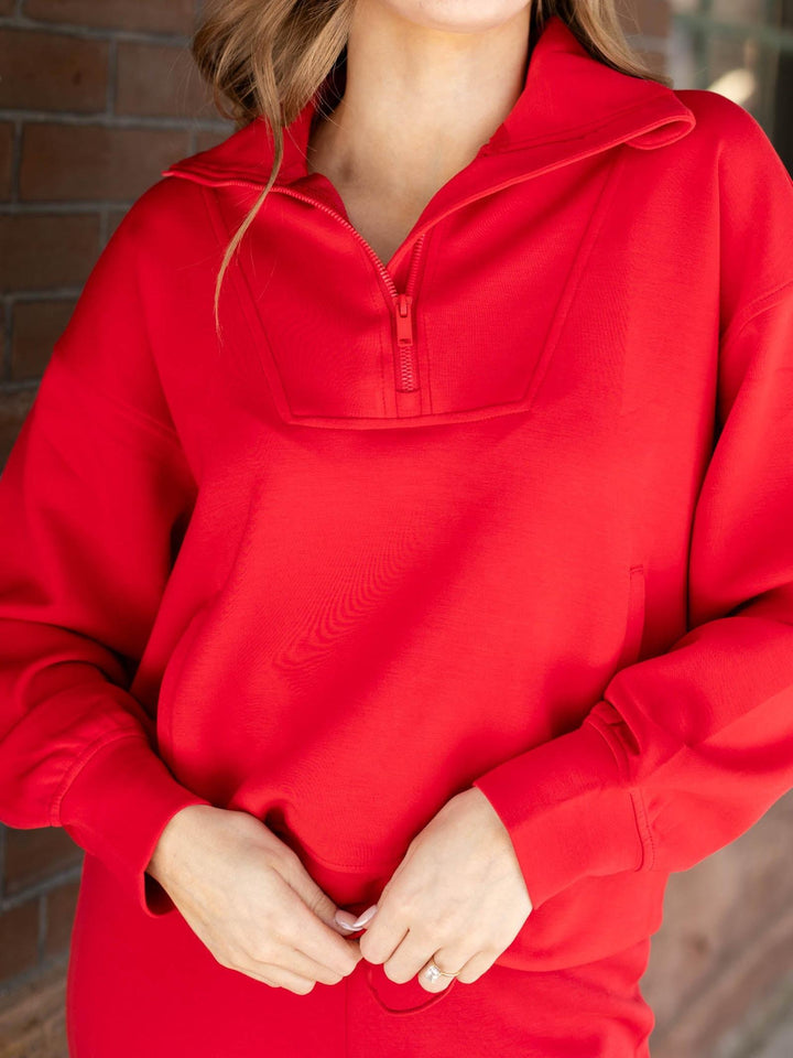 soft red half zip sweatshirt