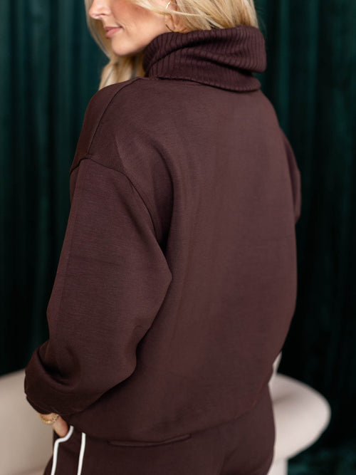 brown ribbed turtleneck sweatshirt