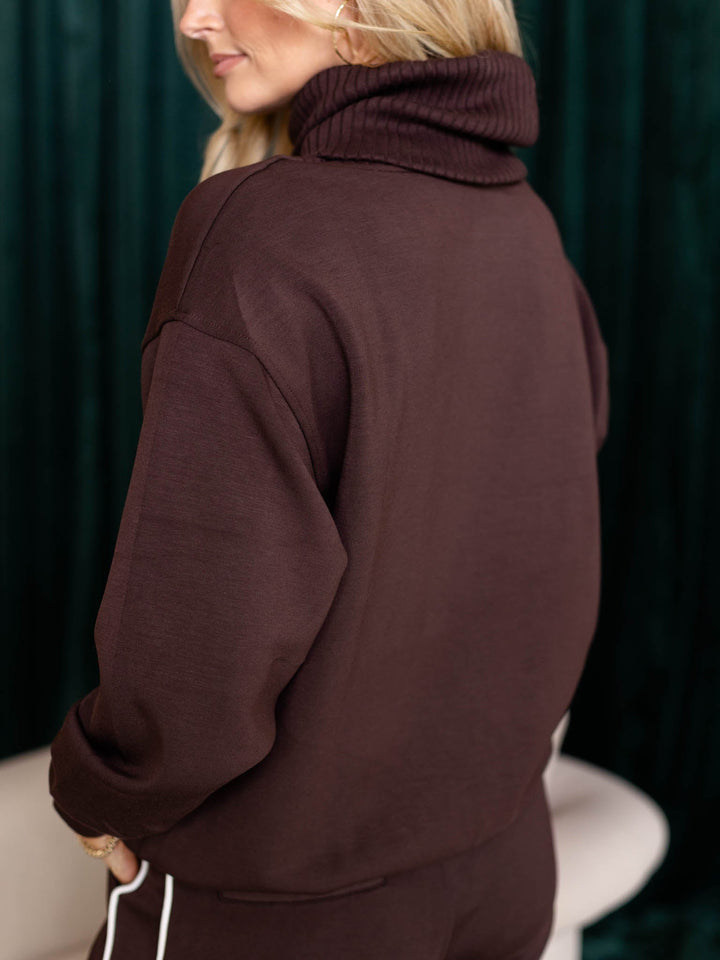 brown ribbed turtleneck sweatshirt