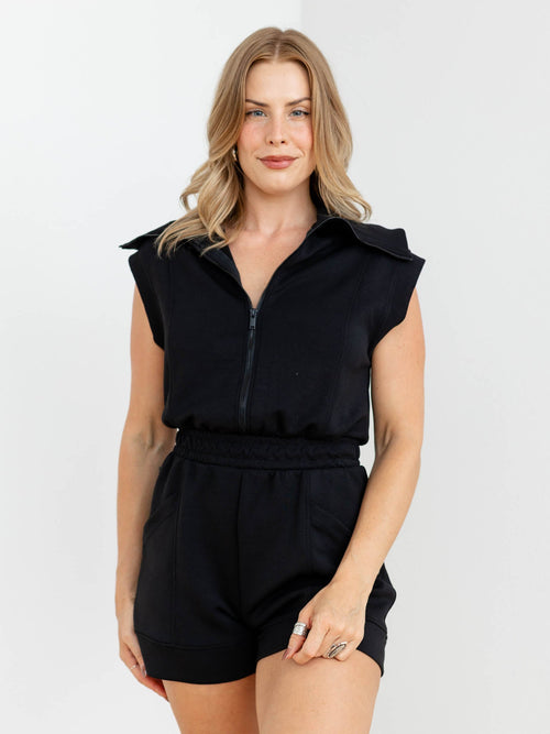black soft half zip romper