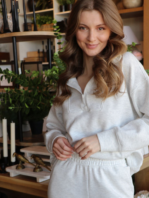 light heather grey half zip pullover