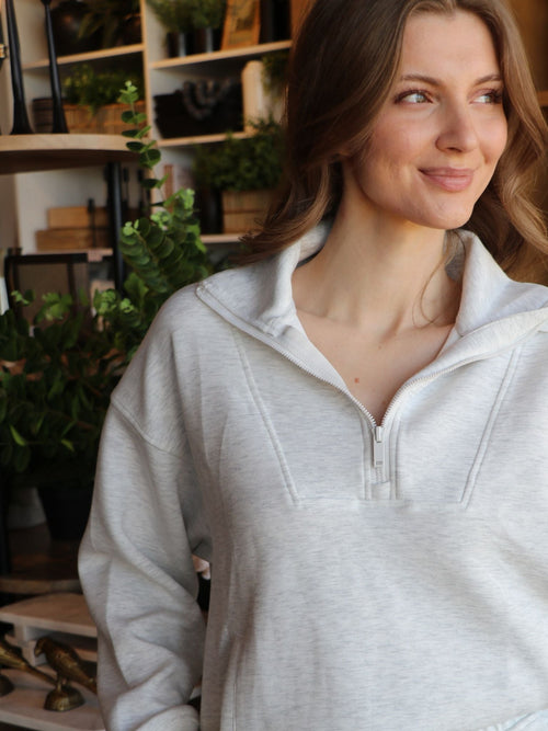 light heather grey half zip pullover