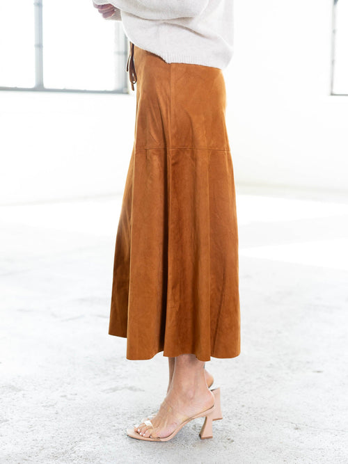 camel colored suede midi skirt