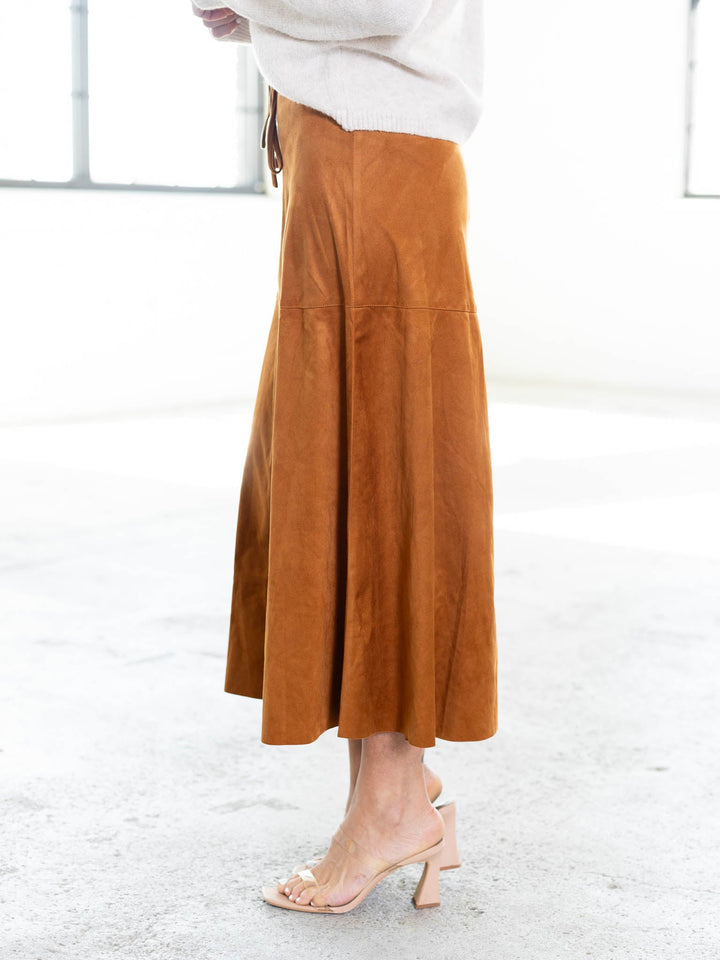 camel colored suede midi skirt