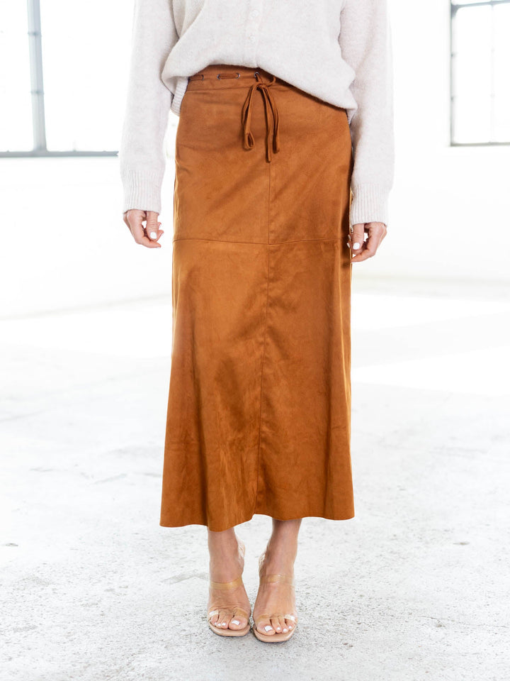 camel colored suede midi skirt