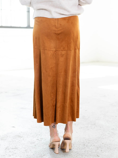 camel colored suede midi skirt