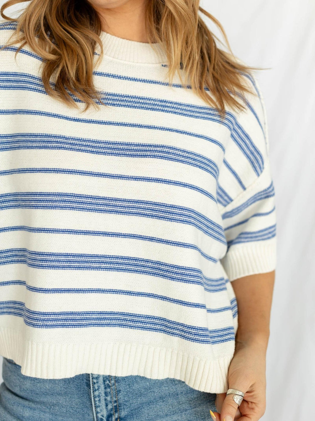 Drop Half Sleeve Striped Sweater Top
