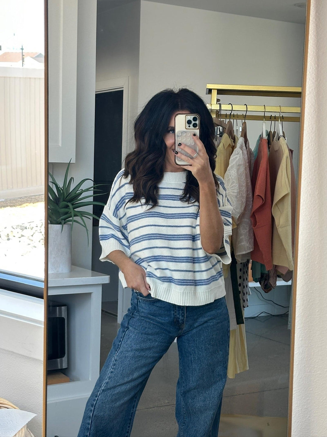 Stripe knit 3/4 sleeve sweater