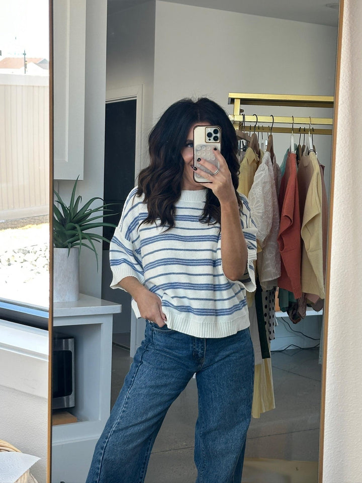 Stripe knit 3/4 sleeve sweater