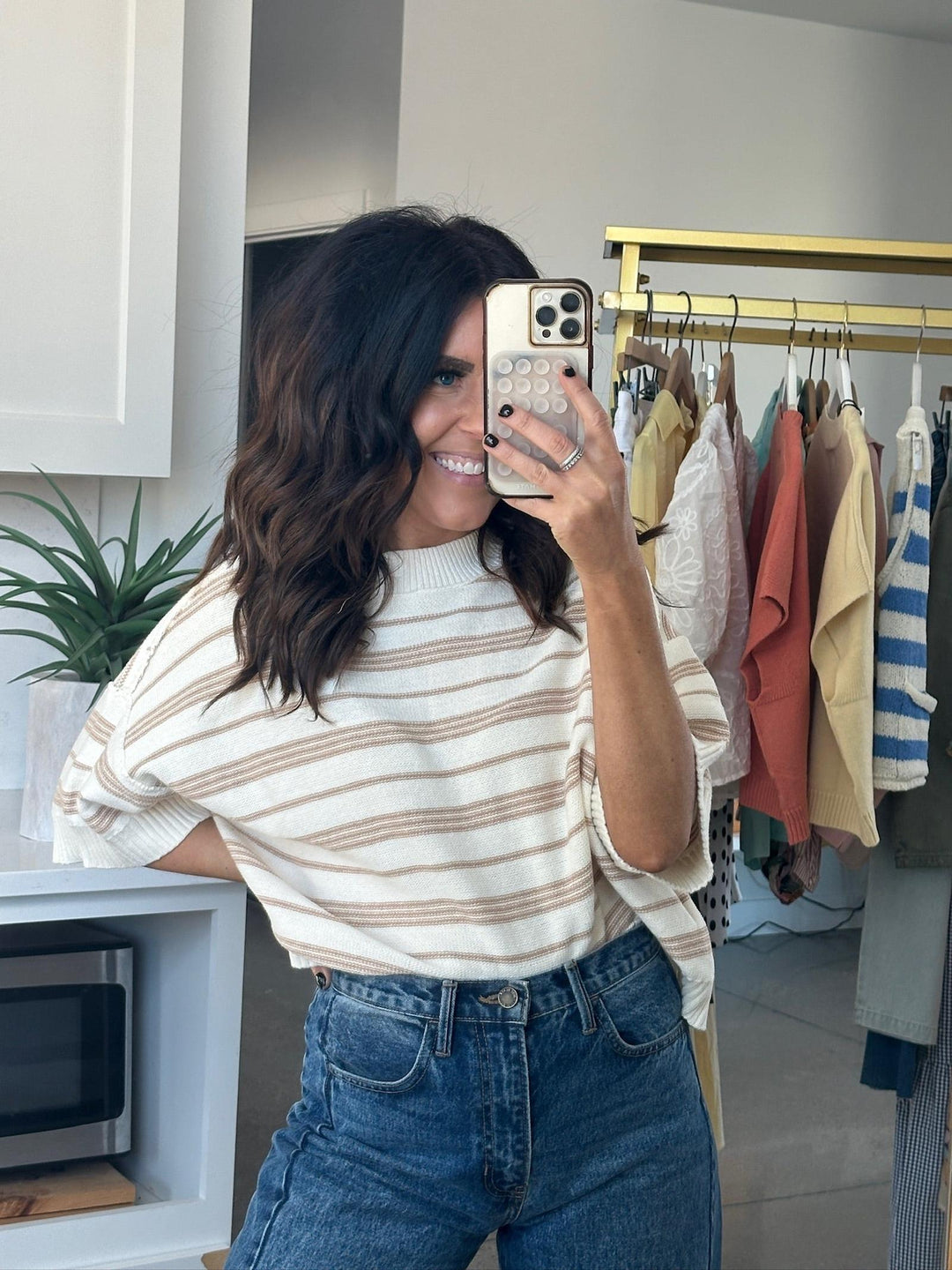 Stripe knit 3/4 sleeve sweater