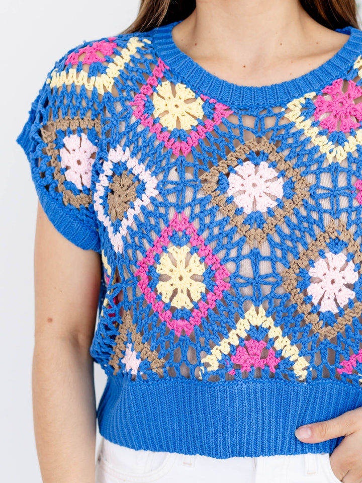 Drop Shoulder Multi Color Crochet TopKnit tops